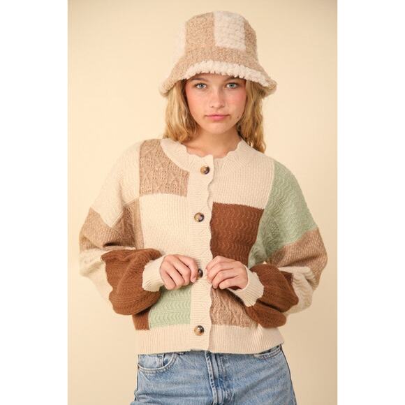 VERY J Color Block Button Down Textured Knit Cropped Sweater Cardigan | Oatmeal - Picture 2 of 10